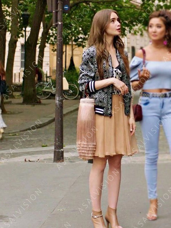 Lily Collins Black And White Printed Bomber Jacket