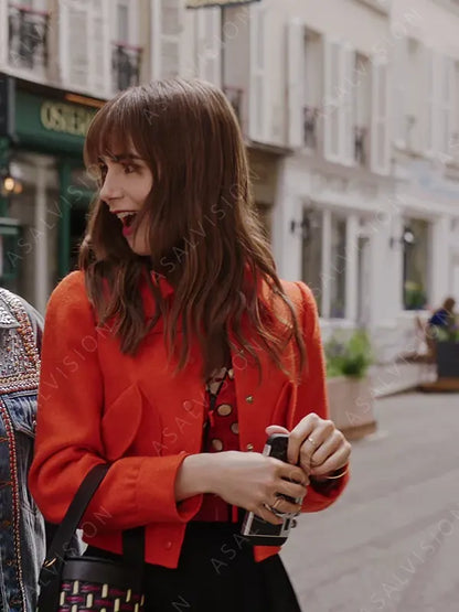 Lily Collins Cropped Orange Jacket