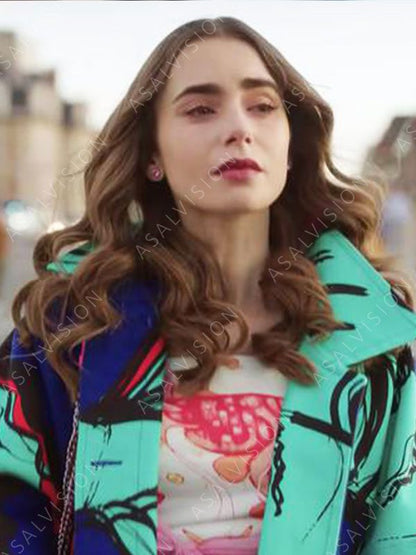 Lily Collins Emily Cooper Blue Printed Trench Coat