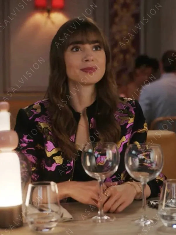 Lily Collins Emily In Paris Emily Cooper Season 3 Bomber Purple Print Jacket