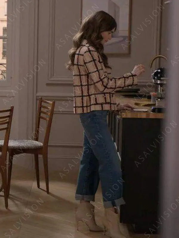 Lily Collins Emily In Paris S01 Emily Cooper Check Printed Blazer Jacket