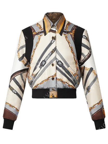 Lily Collins Emily In Paris Season 3 Chain Belt Printed Bomber Jacket