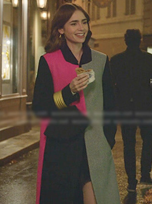 Lily Collins Emily in Paris Color Block Trench Coat
