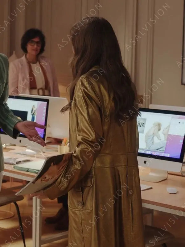 Lily Collins Golden Faux Leather Coat