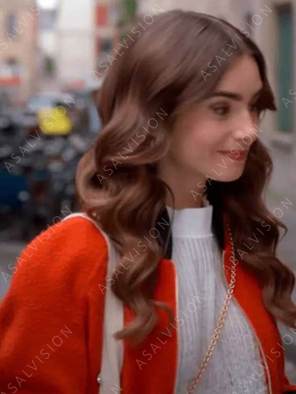 Lily Collins Orange And Black Bomber Jacket