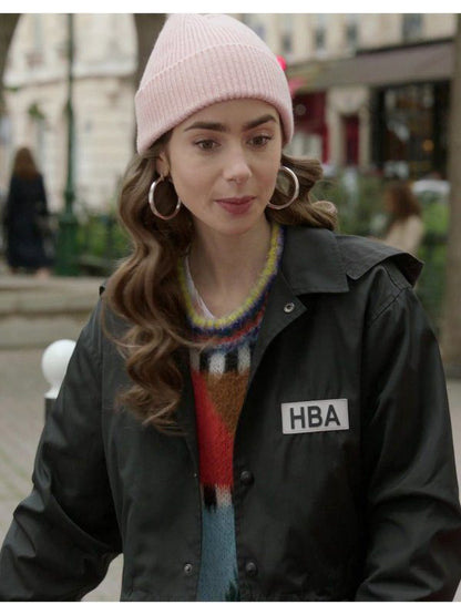 Lily Collins Tv Series Emily In Paris Emily Cooper HBA Logo Cropped Jacket