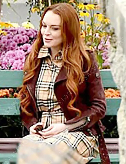 Lindsay Lohan Movie Irish Wish 2024 Maddie Kelly Maroon Biker Leather Jacket