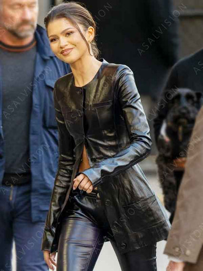 Live Zendaya The Attico SS24 Black Long Leather Jacket