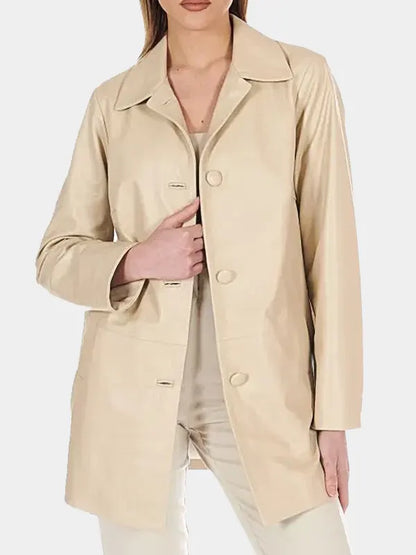 Long Beige Leather Jacket For Women