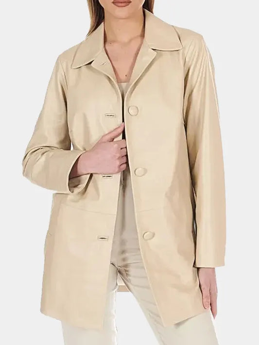 Long Beige Leather Jacket For Women