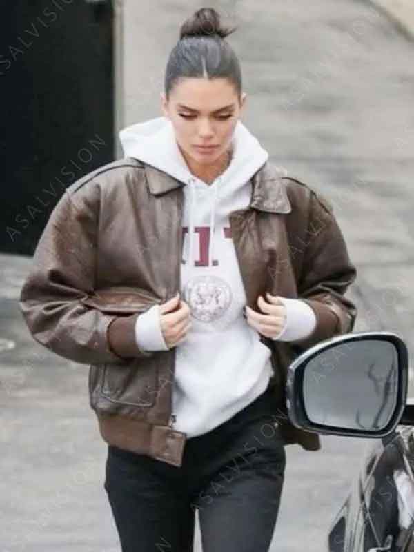 Los Angeles Street Style Kendall Jenner Brown Bomber Leather Jacket