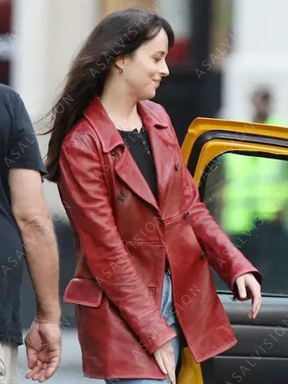 Madame Web 2024 Dakota Johnson Red Waxed Leather Coat
