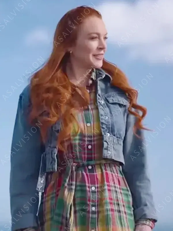 Maddie Kelly Irish Wish 2024 Lindsay Lohan Blue Denim Cropped Jacket