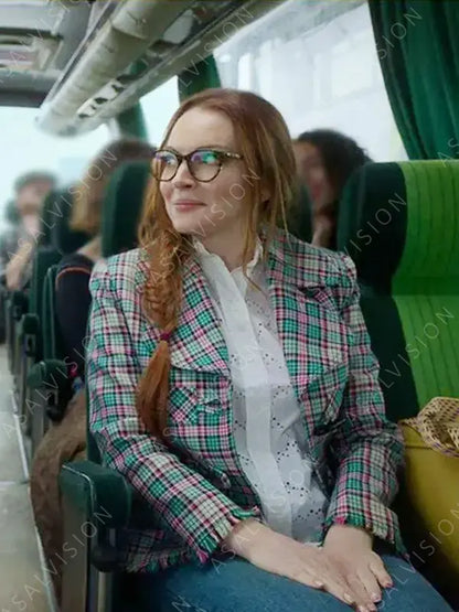 Maddie Kelly Movie Irish Wish 2024 Lindsay Lohan Plaid Fleece Blazer