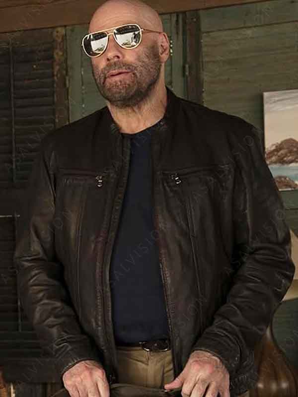Mason Goddard Movie Cash Out 2024 John Travolta Black Leather Jacket