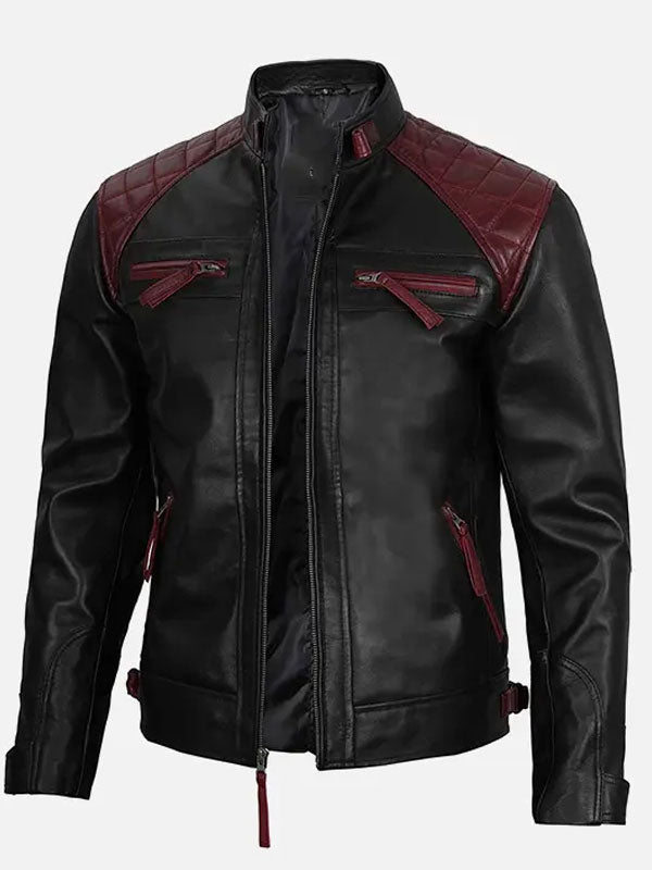 Mason Quilted Cafe Racer Black and Maroon Leather Jacket