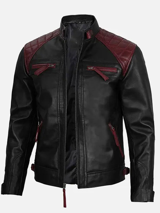 Mason Quilted Cafe Racer Black and Maroon Leather Jacket