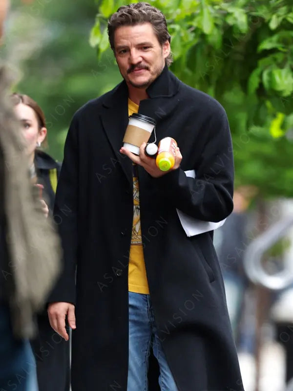 Materialists 2024 Pedro Pascal Black Trench Wool Coat