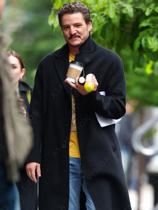 Materialists 2024 Pedro Pascal Black Trench Wool Coat