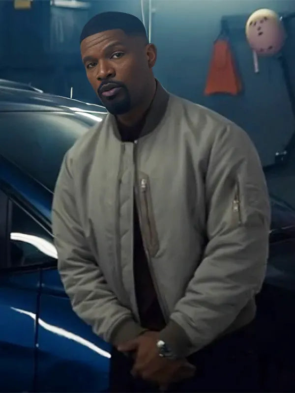 Matt Back in Action 2025 Jamie Foxx Grey Bomber Jacket