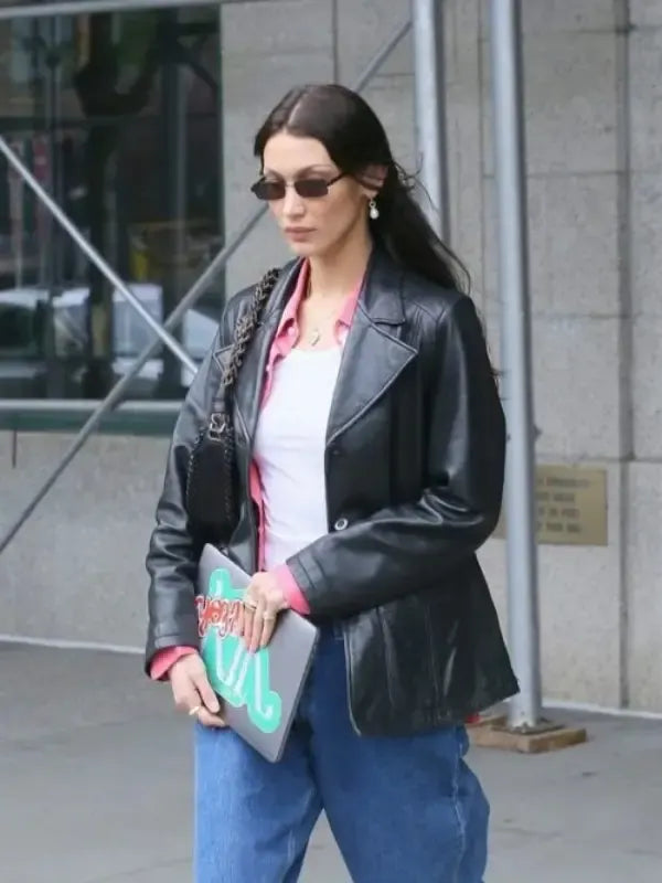 Meeting In NYC 2022 Bella Hadid Leather Black Jacket