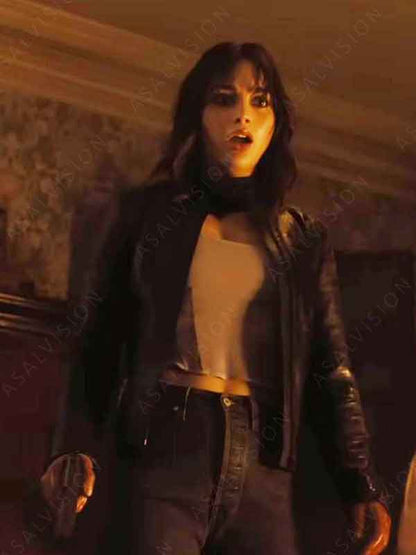 Melissa Barrera Movie Abigail 2024 Joey Black Leather Jacket