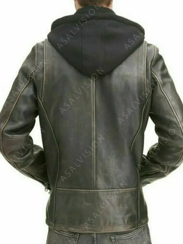 Men Black Cafe Racer Distressed Biker Motorcycle Cafe Racer Hooded Leather Jacket