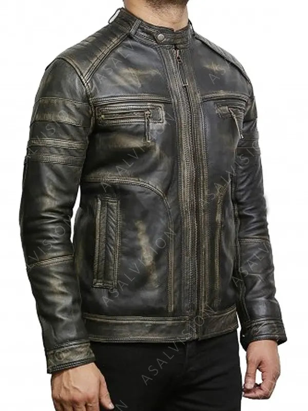 Men Black Cafe Racer Distressed Leather Biker Motorcycle Jacket