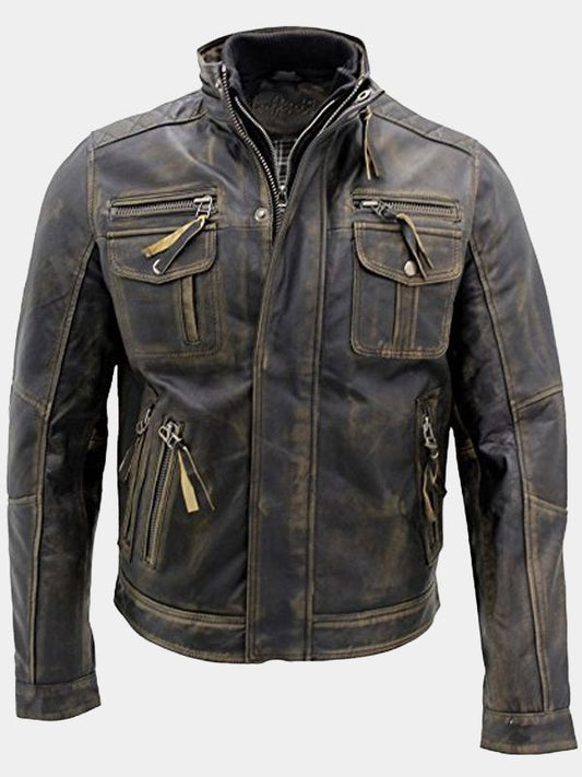 Men Black Vintage Brando Leather Moto Jacket