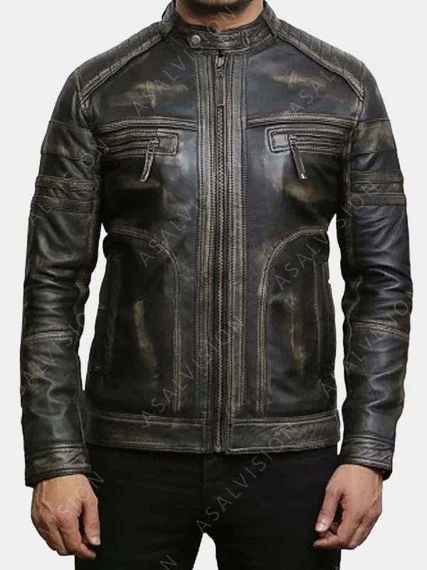 Men Distressed Black Cafe Racer Leather Jacket