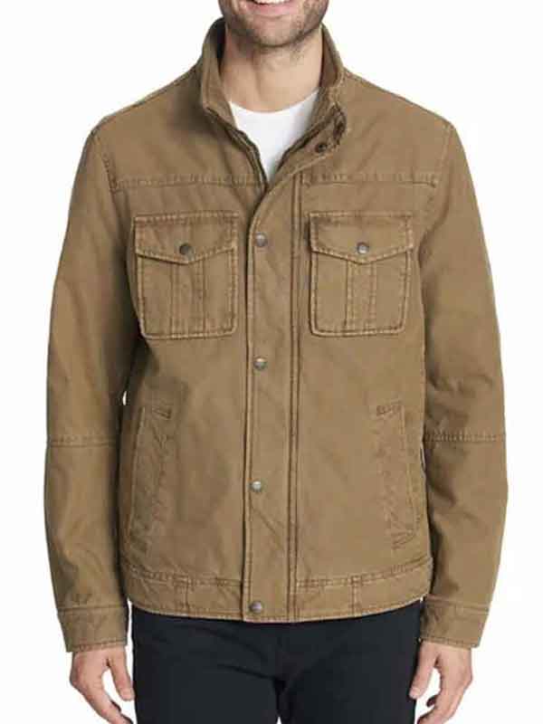 Men Lightweight Khaki Cotton Stand Collar Jacket
