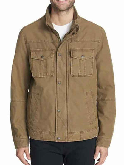 Men Lightweight Khaki Cotton Stand Collar Jacket