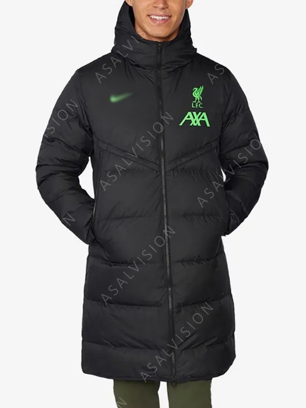 Men Liverpool FC Strike Down Black Puffer Hooded Jacket