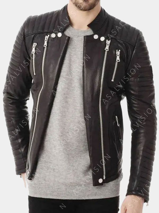 Men Quilted Black Biker Leather Zipper Jacket