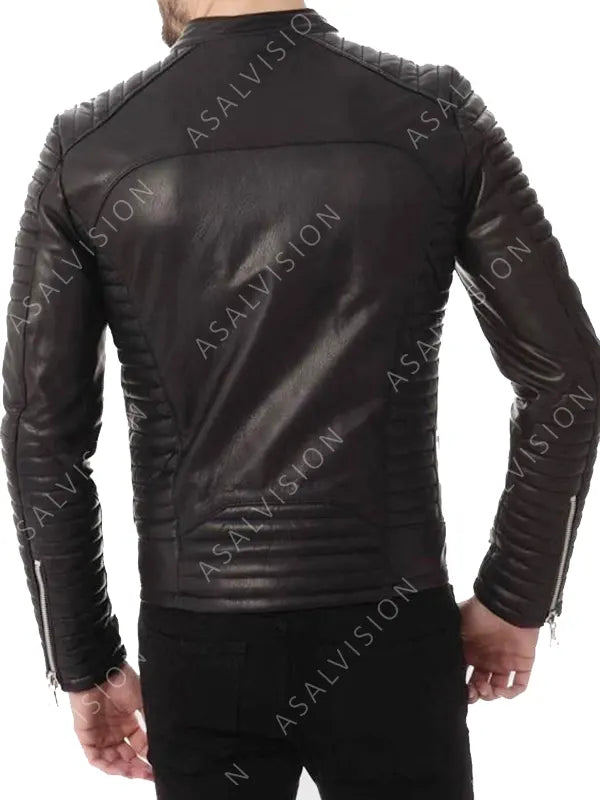 Men Quilted Black Biker Motorcycle Leather Zipper Cafe Racer Jacket