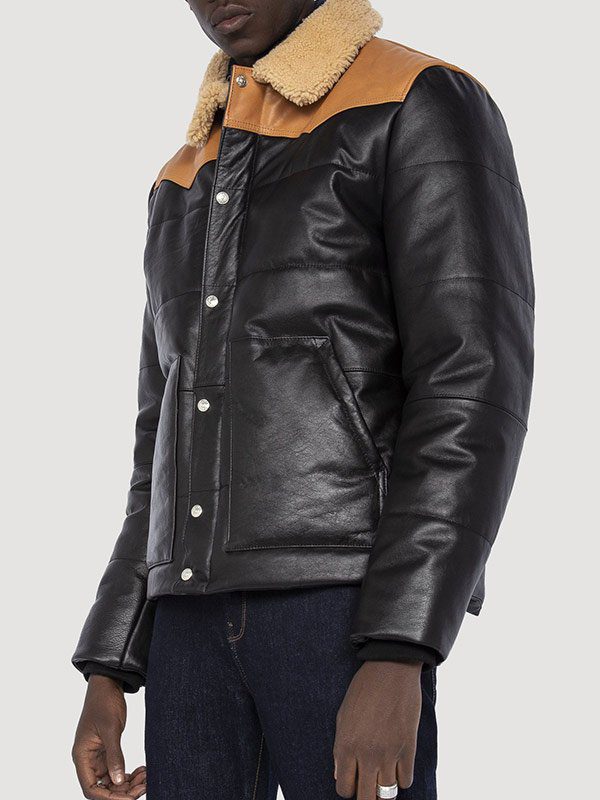 Men Shearling Collar Leather Puffer Jacket