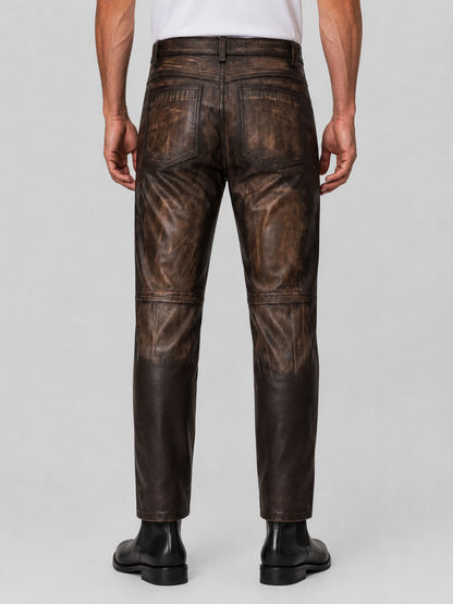 Men Distressed Dark Brown Leather Jeans