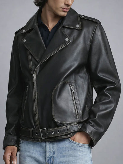 Mens Black Biker Leather Vintage Jacket
