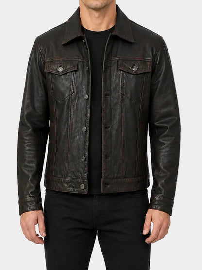 Mens Black Distressed Trucker Leather Jacket
