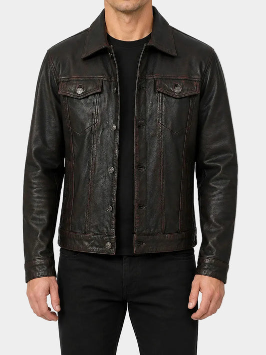 Mens Black Distressed Trucker Leather Jacket
