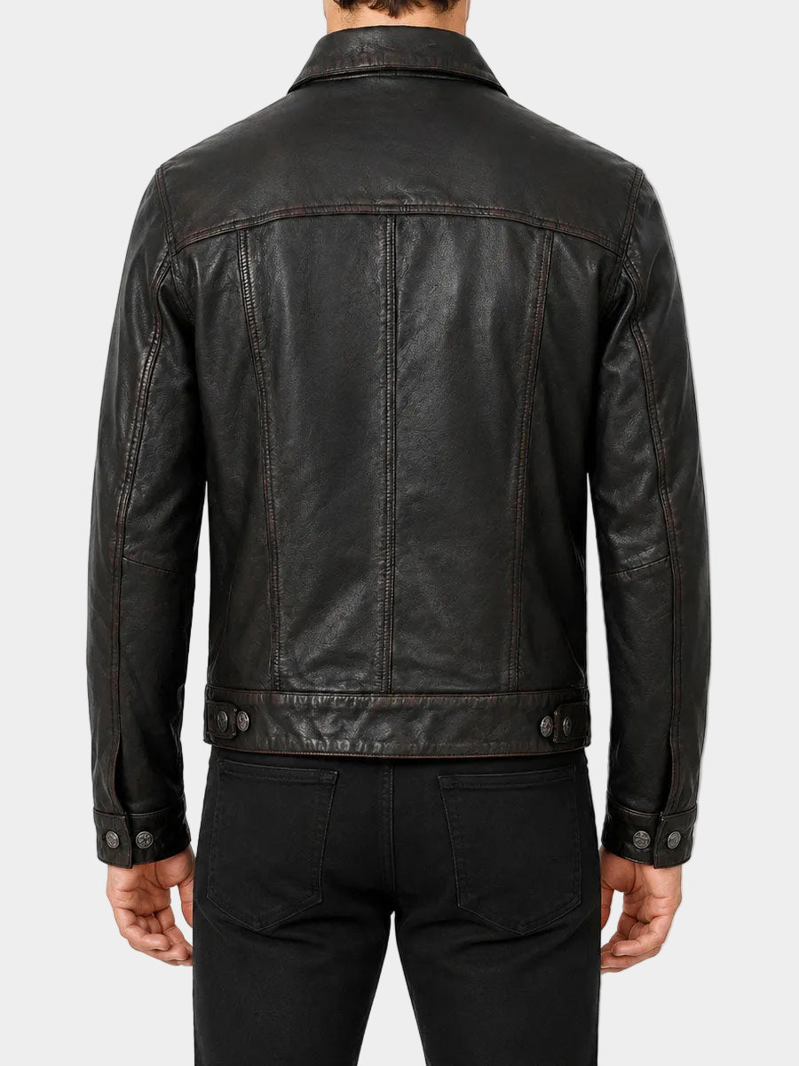 Mens Black Distressed Trucker Leather Jacket For Men