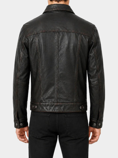 Mens Black Distressed Trucker Leather Jacket For Men