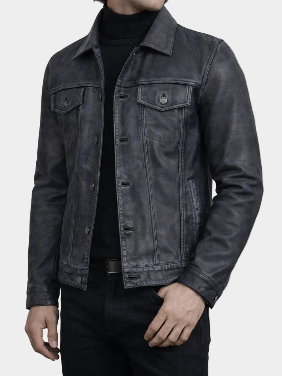 Mens Black Distressed Washed Leather Jacket