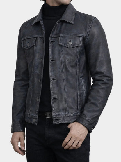 Mens Black Distressed Washed Leather Jacket