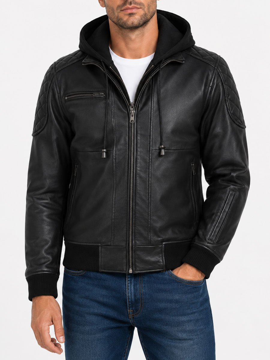 Mens Black Hooded Leather Jacket With Quilted Shoulders