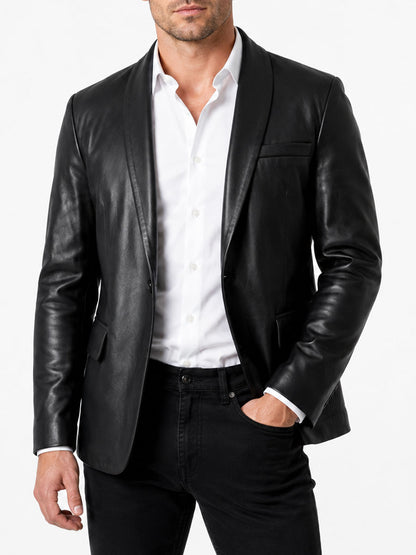 Mens Shawl Collar Black Leather Blazer