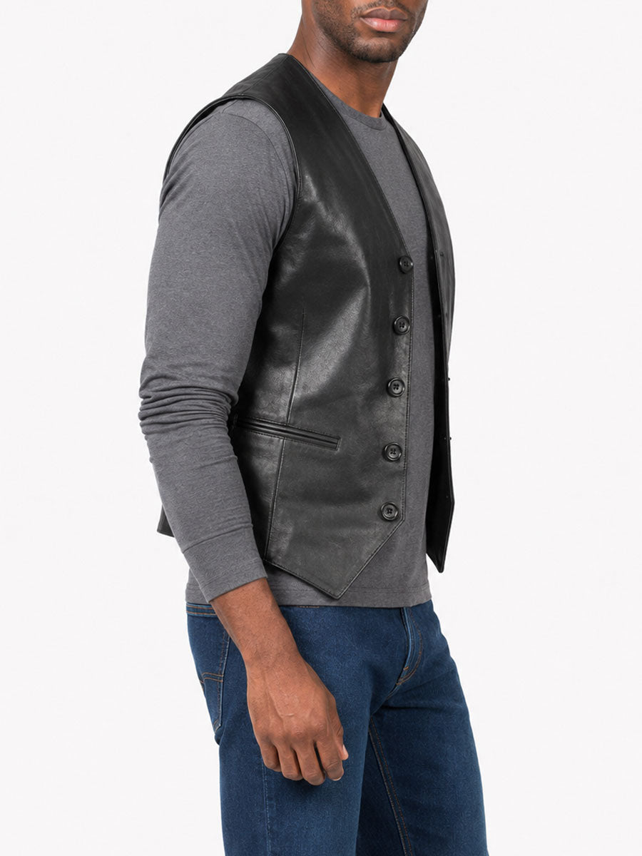 Mens Black Lightweight Collarless Leather Vest