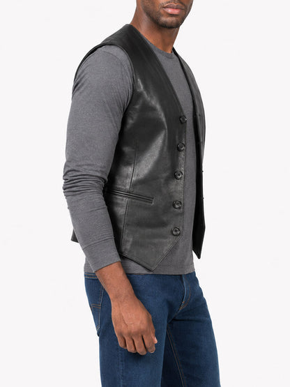 Mens Black Lightweight Collarless Leather Vest