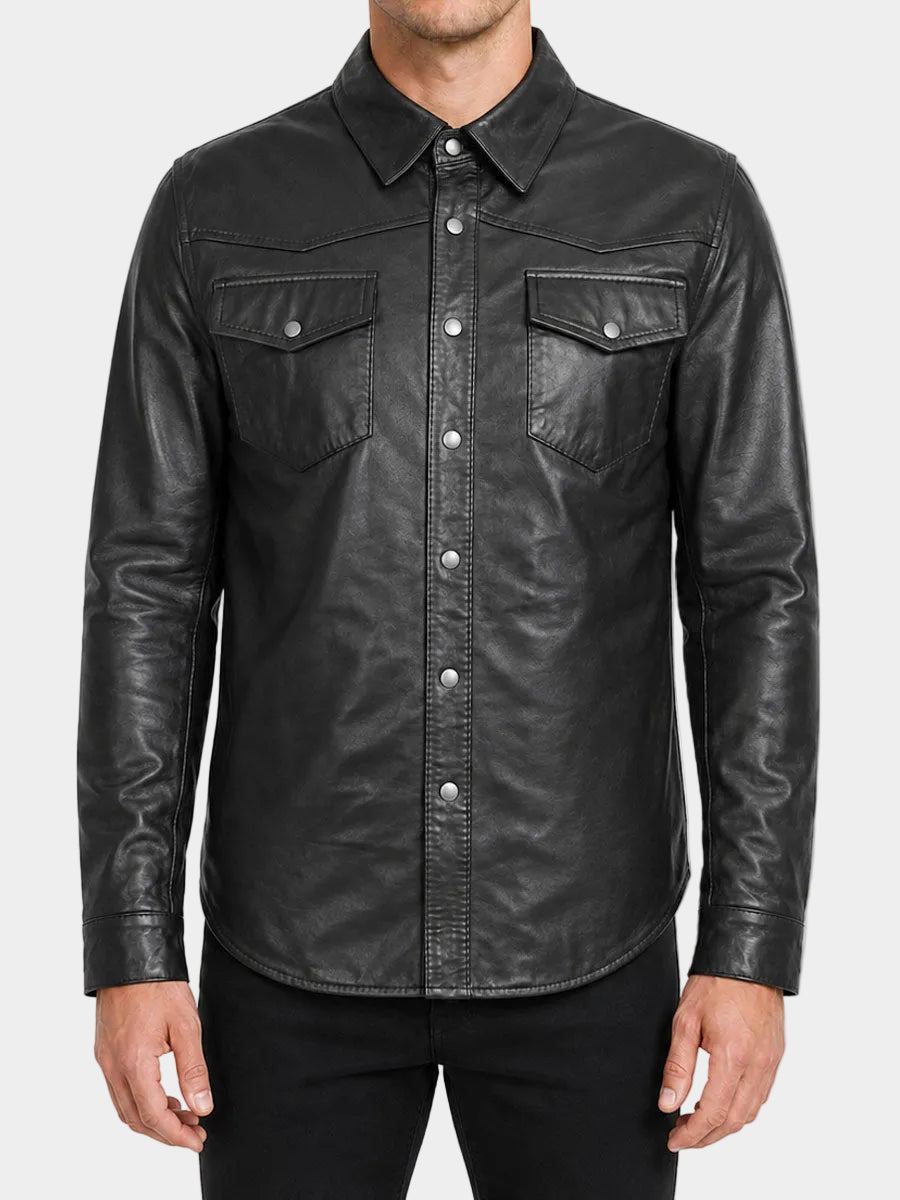 Mens Black Lighweight Buttoned Leather Shirt