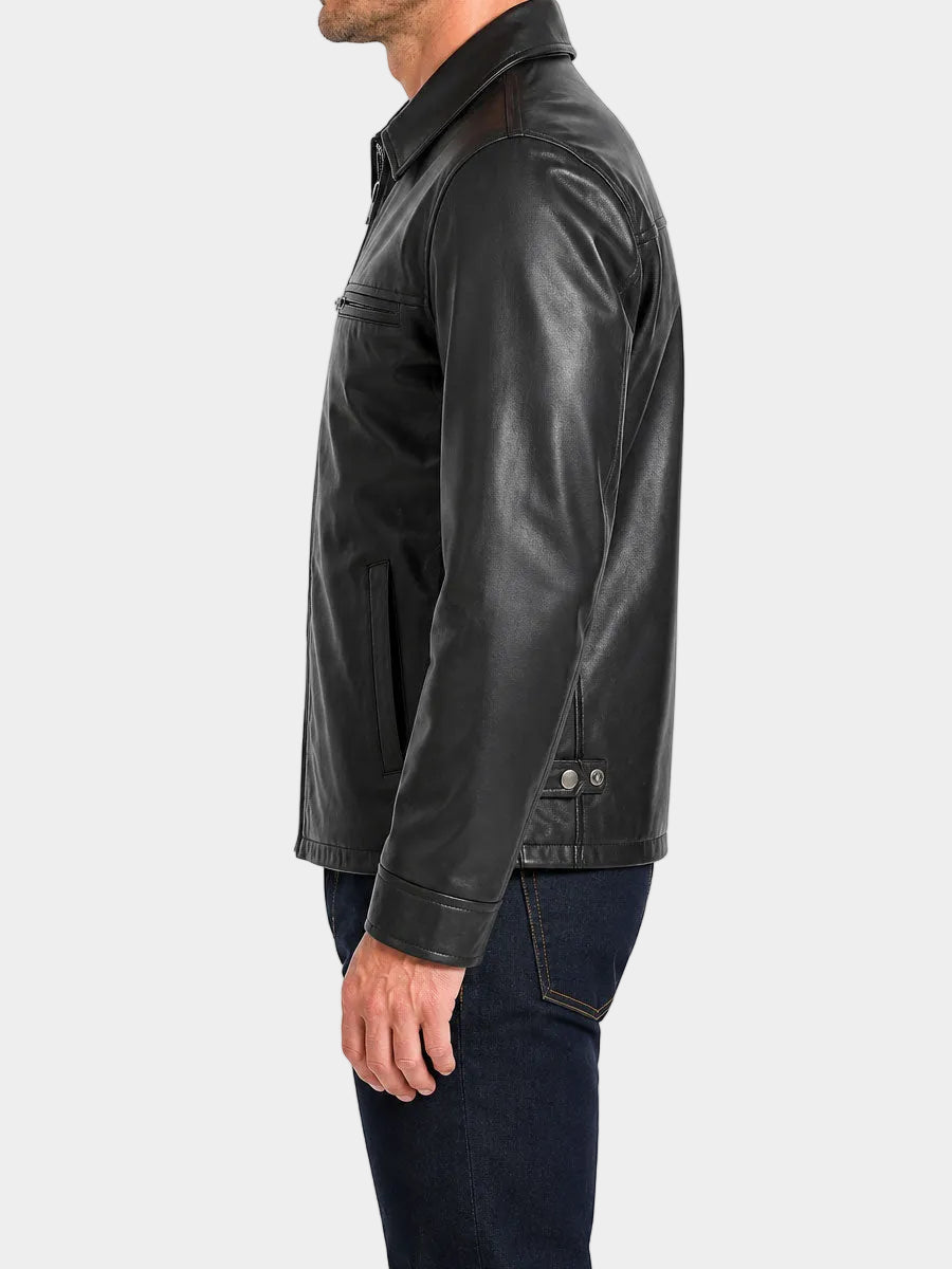 Mens Black Shirt Collar Leather Jacket